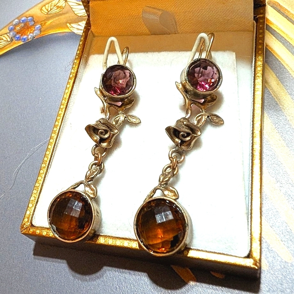 Art Nouveau Long Bronze Paste Stone Earrings